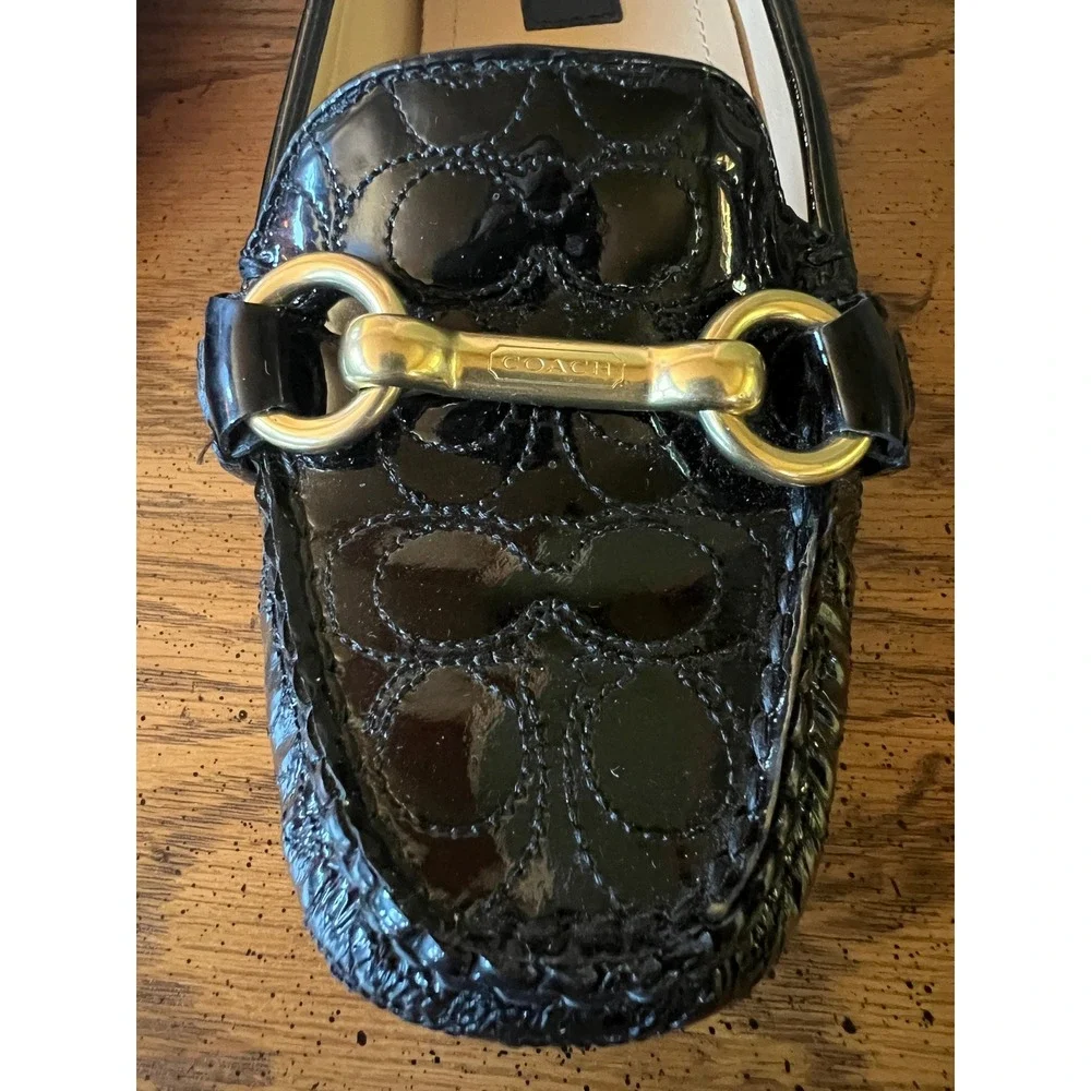 Coach Eve Black Patent Leather Signature Logo Preppy Horsebit Loafers Womens 5B